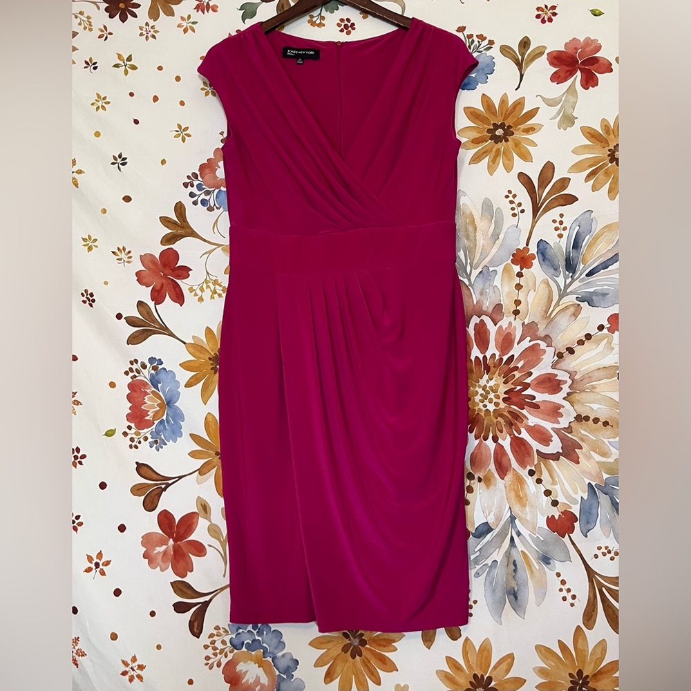 Jones New York 10 Summer Fall Dark Pink Surplice Ruched Sleeveless Office Dress